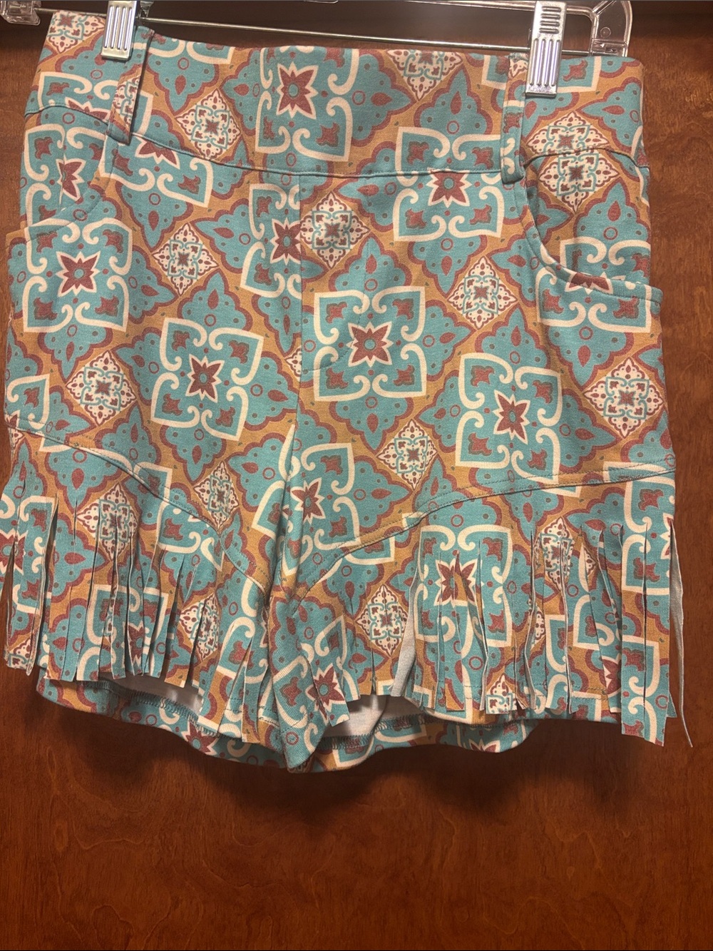 Crazy Train Turquoise and Tan Geometric Fringe Skort